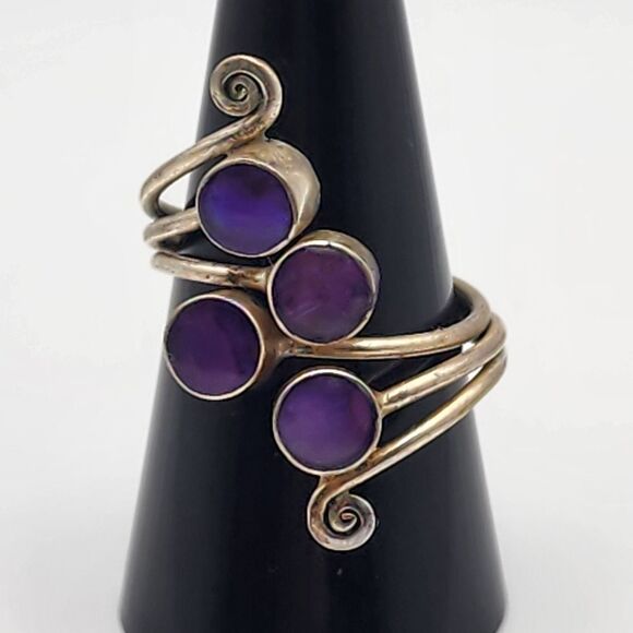 Sterling Silver & Purple Resin over Mother of Pearl Wire Wrap Adjustable Ring - Picture 1 of 6